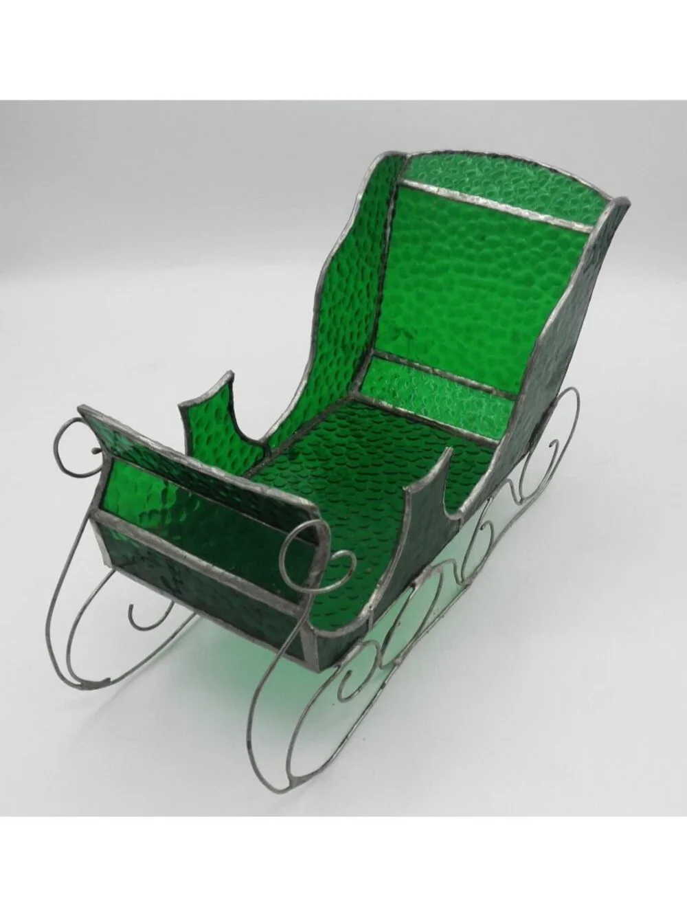 VTG Green Stained Glass Christmas Santa's Sleigh Candy Dish with Silver Trim